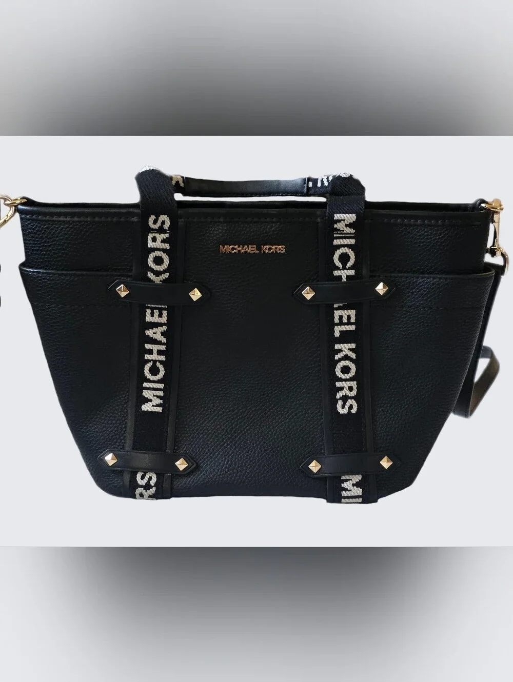 Michael Kors Black Logo Strap Pebbled Leather Tote